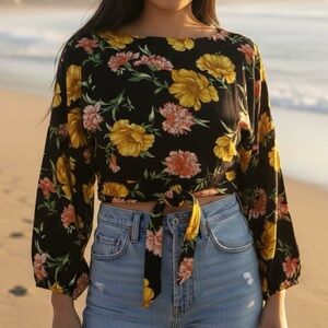 Forever 21 S Tropical Floral Summer Blouse Open Back Waist Tie Bow OVS